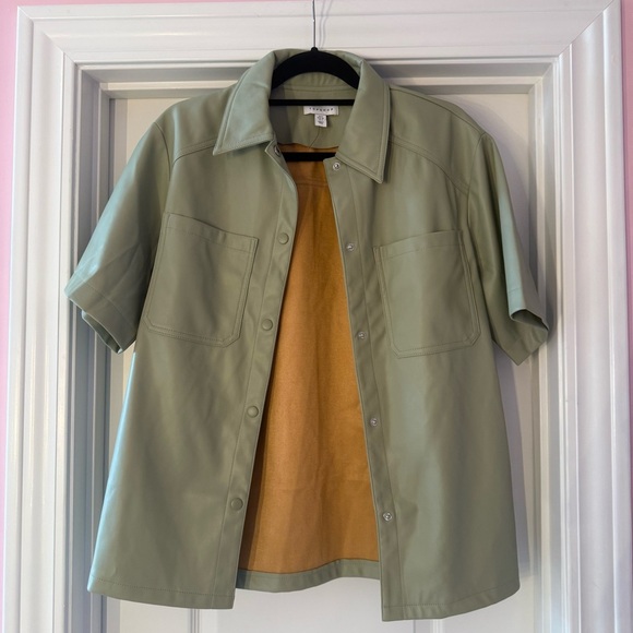 Topshop Sage Green Leather Jacket Short Sleeve Button Up Collar - Picture 1 of 8